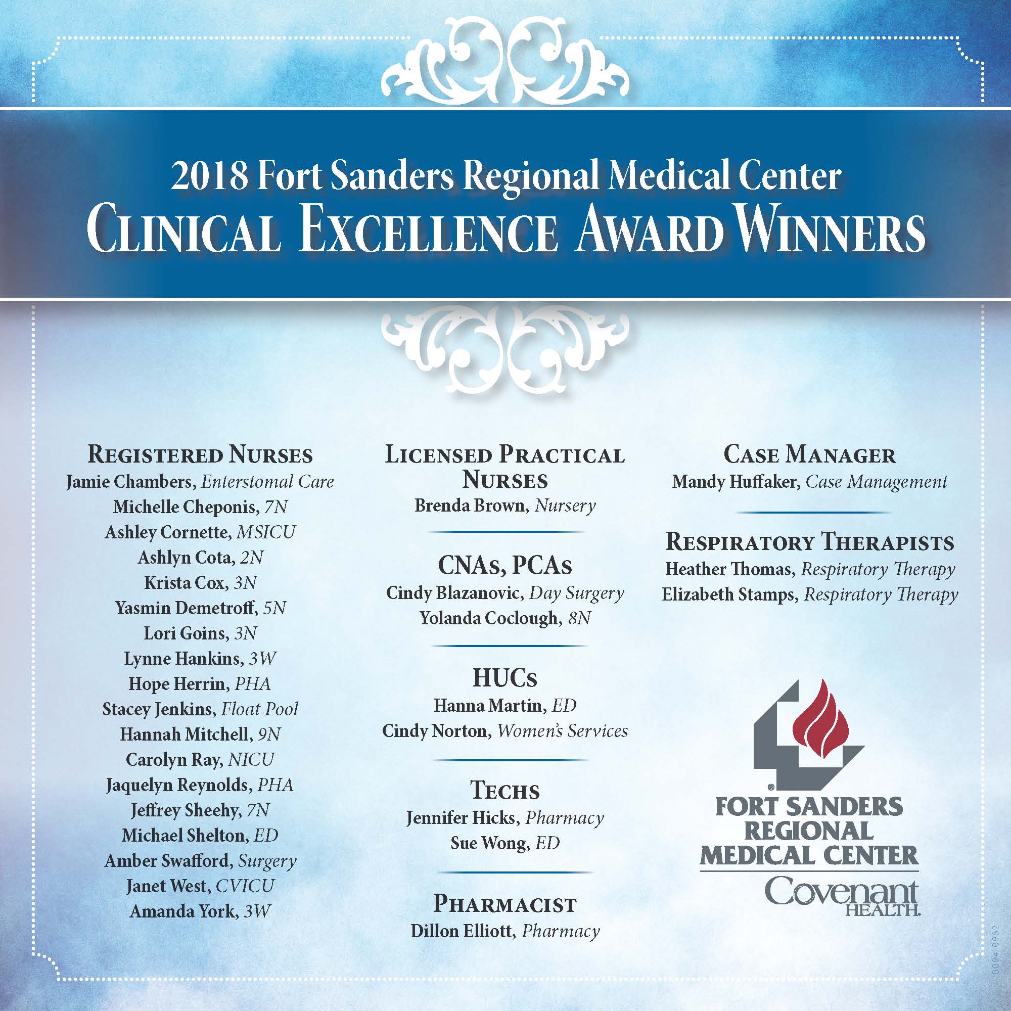 Fort Sanders Regional Medical Center announces the 2018 recipients of the hospital’s annual Clinical Excellence in Nursing Awards.