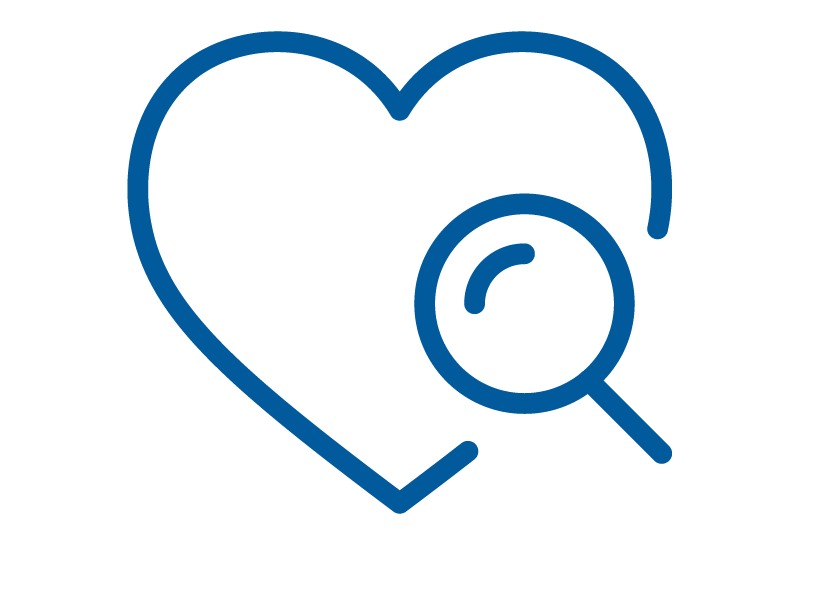 Icon of heart with a magnifying glass.
