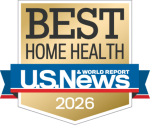 A gold badge with the text Best Home Health U.S. News & World Report 2026 in black, blue, white, and red, signifying a top ranking for Covenant Health HomeCare and Hospice services.