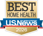 A gold badge with the text Best Home Health U.S. News & World Report 2026 in black, blue, white, and red, signifying a top ranking for Covenant Health HomeCare and Hospice services.
