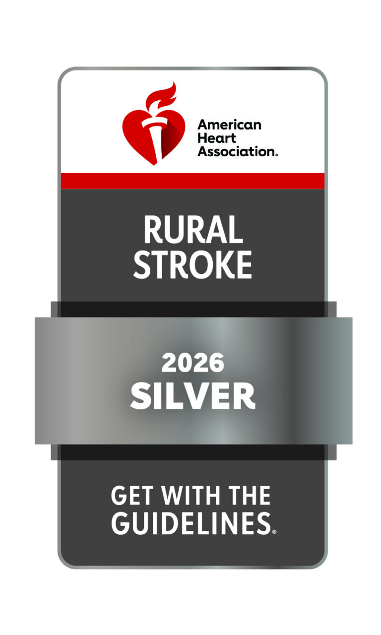 American Heart Association Rural Stroke Get With The Guidelines 2026 Silver Award badge, featuring a red heart and torch logo at the top, earned by Cumberland Medical Center.