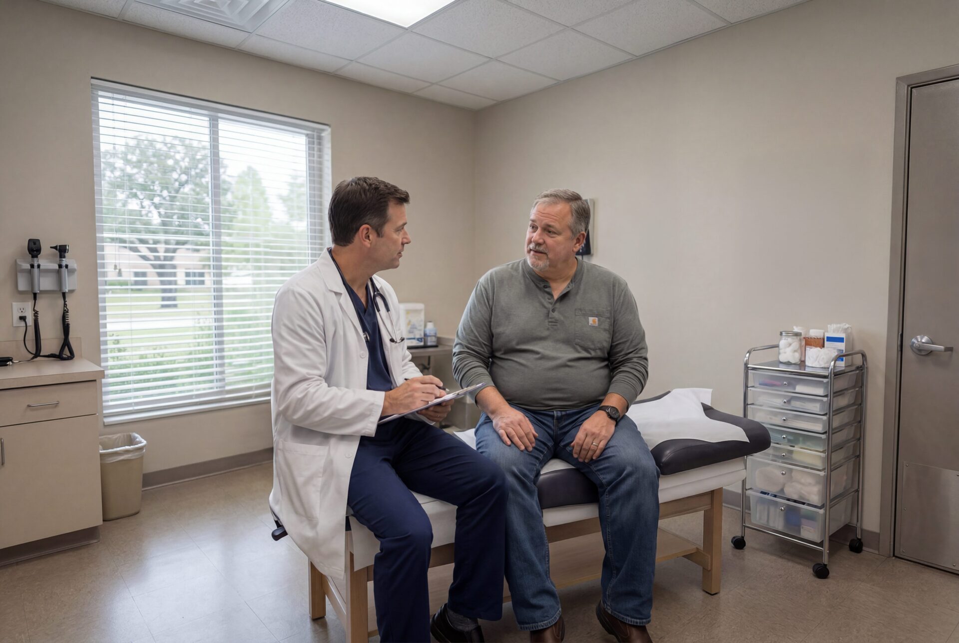 A doctor in a white coat sits talking to a male patient who is sitting on an exam table in a medical office.