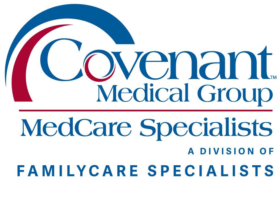 Logo for Covenant Medical Group MedCare Specialists, a division of FamilyCare Specialists, featuring the MedCare Specialists name with blue and red curved lines and text on a white background.