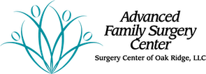 Logo with abstract teal figures forming a circular shape on the left. On the right, black text reads Advanced Family Surgery Center and below that, Surgery Center of Oak Ridge, LLC.