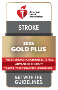 American Heart Association's Get With The Guidelines Stroke Gold Plus with Target: Stroke Honor Roll Elite; Advanced Therapy; Target: Type 2 Diabetes Honor Roll 2025 logo.