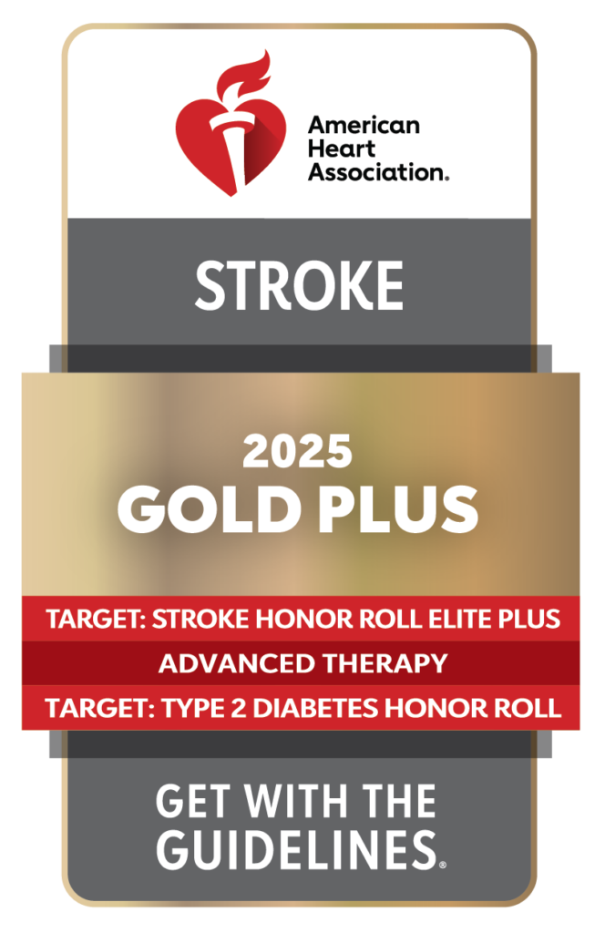 American Heart Association's Get With The Guidelines Stroke Gold Plus with Target: Stroke Honor Roll Elite; Advanced Therapy; Target: Type 2 Diabetes Honor Roll 2025 logo.