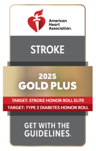 American Heart Association Get With the Guidelines Stroke Gold Plus with Target: Stroke Honor Roll Elite and Target: Type 2 Diabetes Honor Roll 2025 logo.