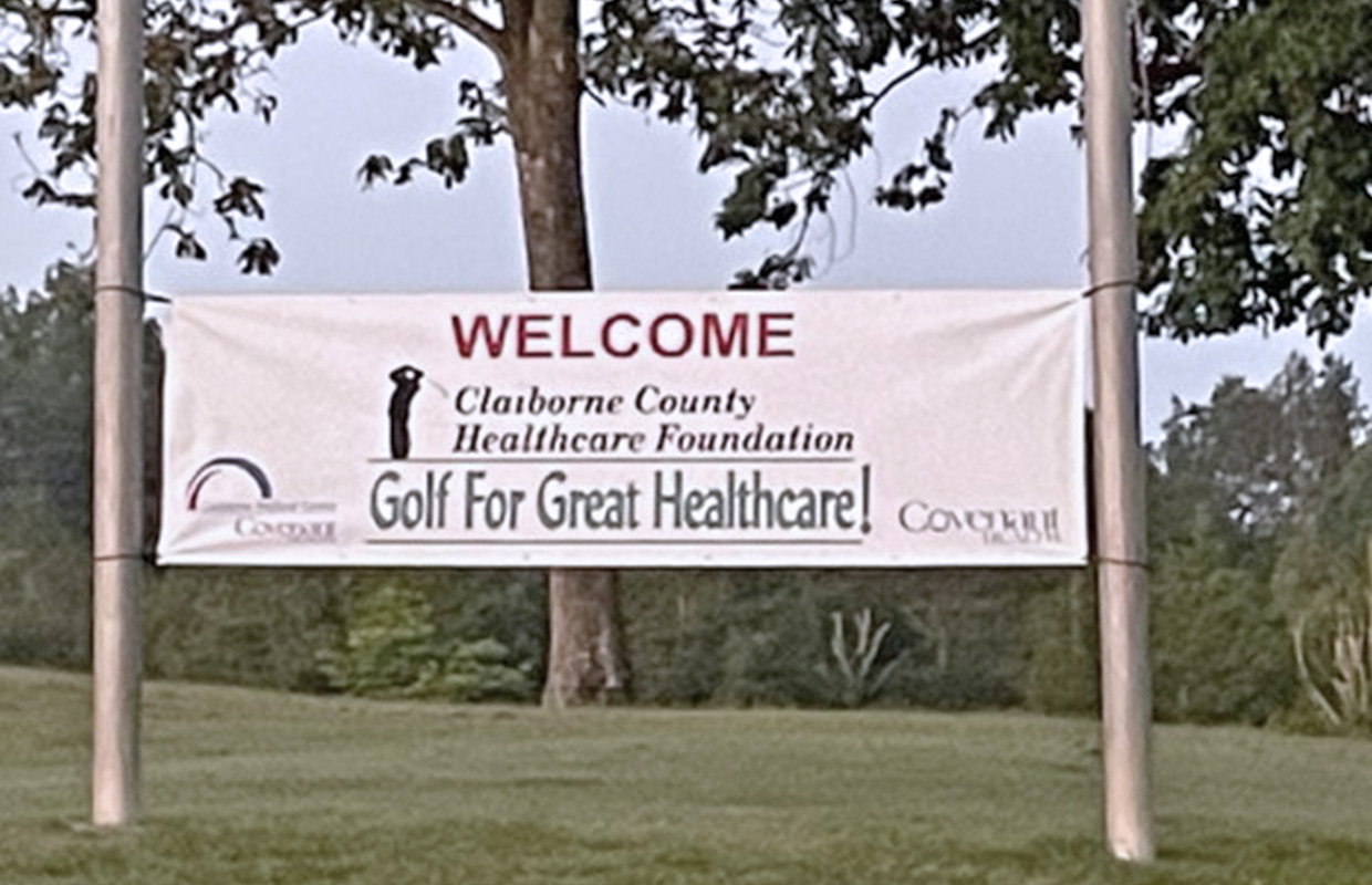 Claiborne County Healthcare Foundation banner promoting Golf for Great Healthcare tournament