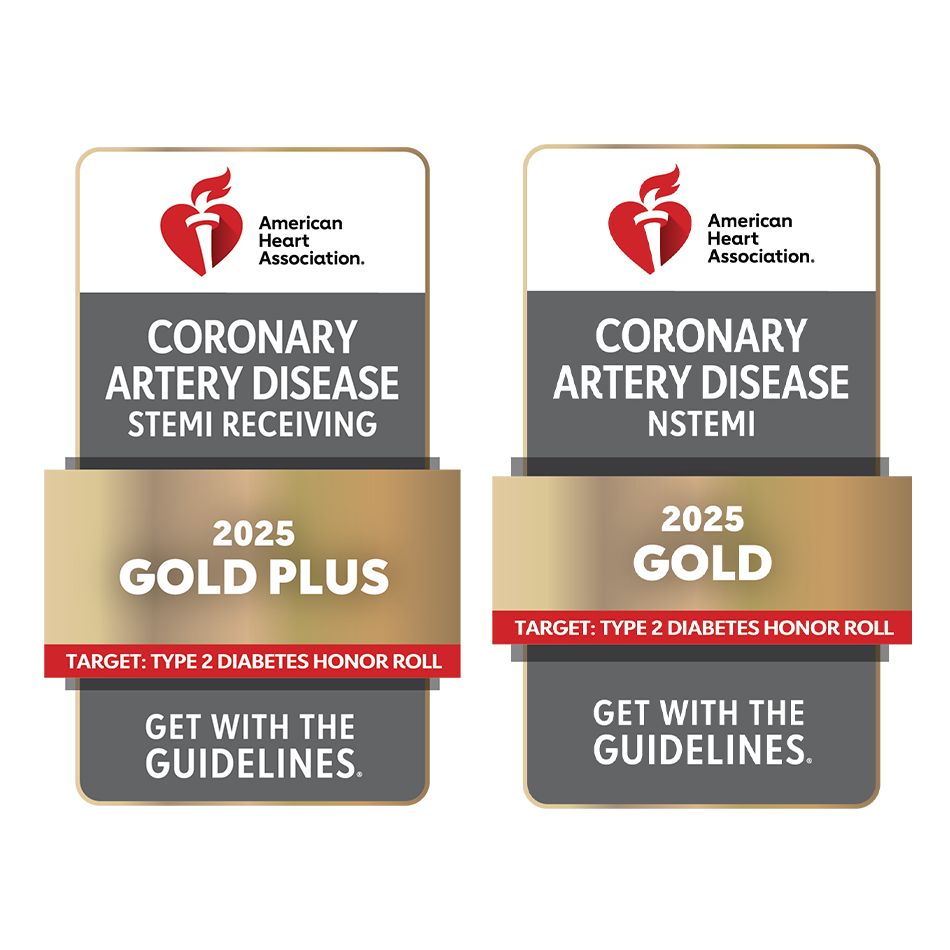 American Heart Association Get With the Guidelines STEMI Gold Plus with Target: Type 2 Diabetes Honor Roll; and NSTEMI Gold with Target: Type 2 Diabetes 2025 logos.