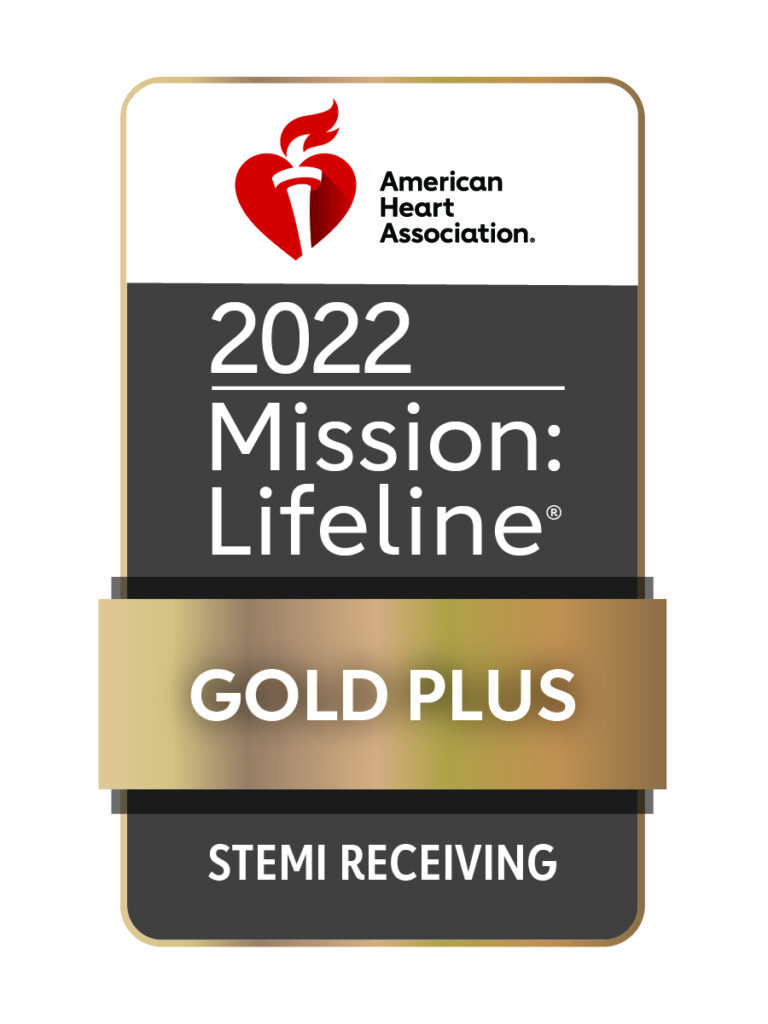 AHA Gold Plus Receiving American Heart Association 2022 Mission: Lifeline award badge with a gold band labeled Gold Plus and STEMI Receiving, recognizing Covenant Health’s commitment to excellence.