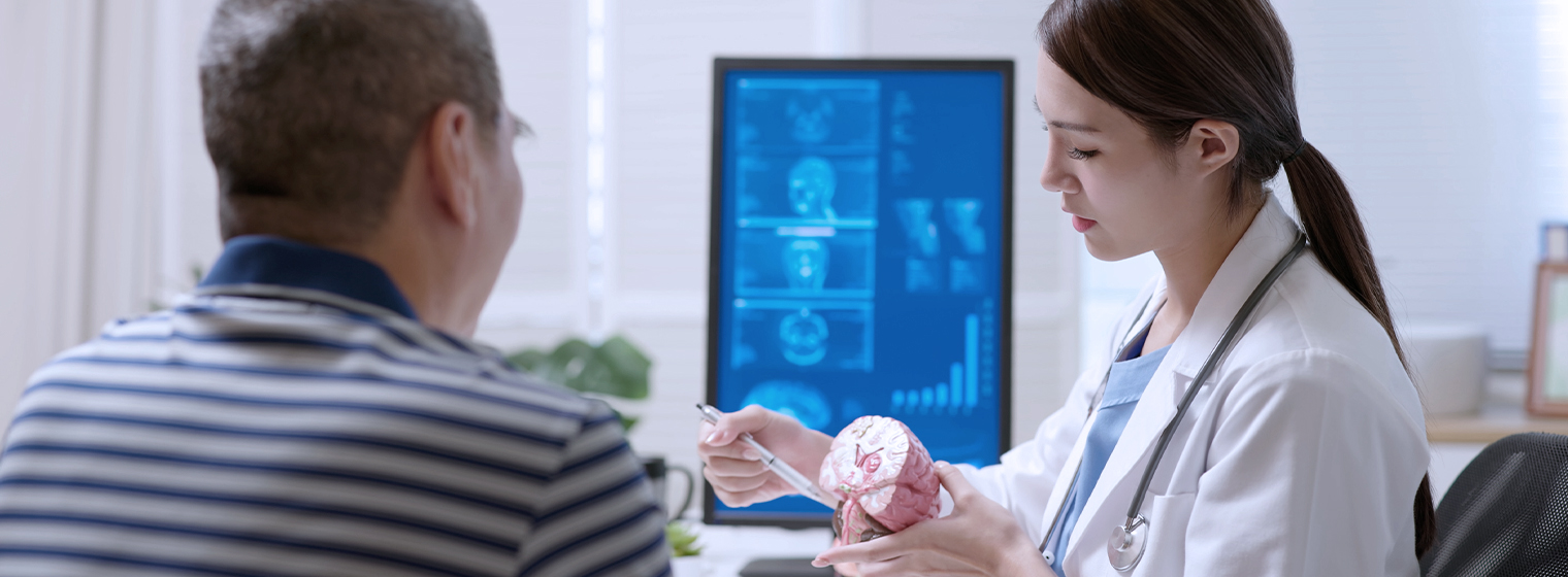 female doctor demonstrating something on a brain model with a male patient