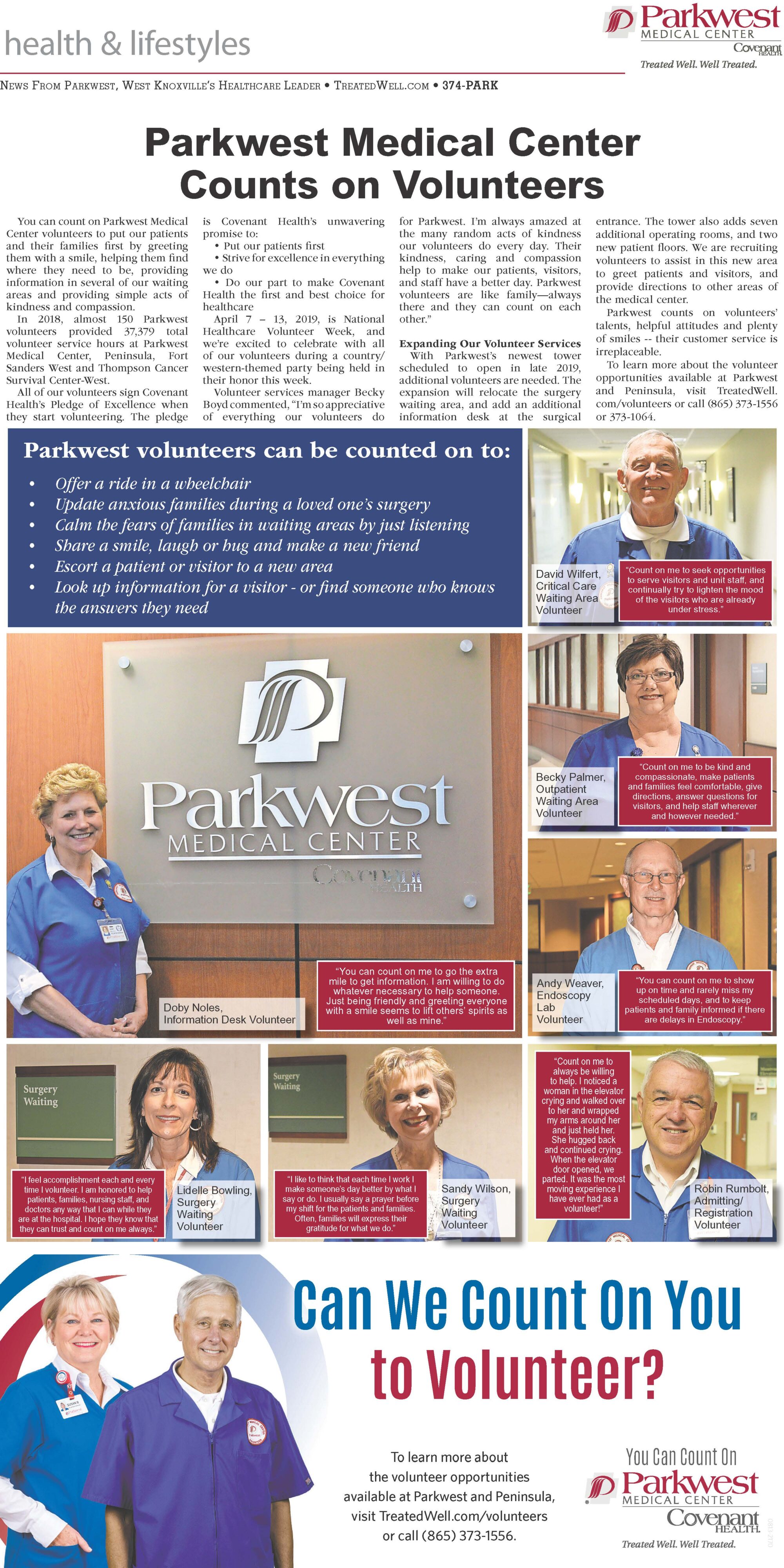 Health & Lifestyles newspaper insert featuring Parkwest Medical Center volunteers.