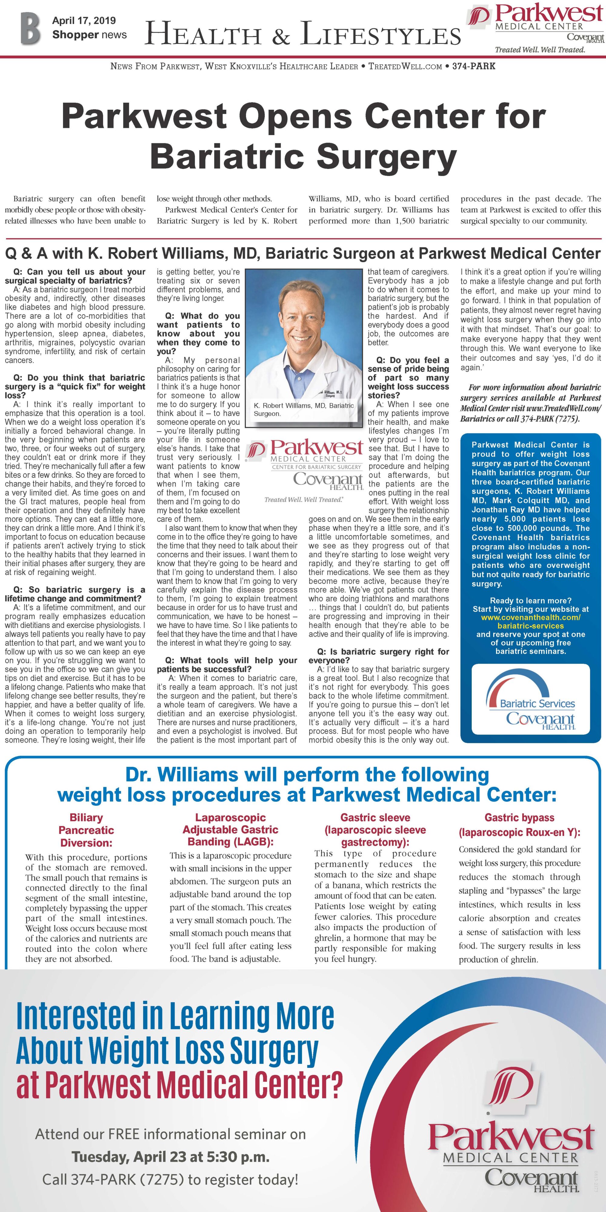 Copy of 4.17.19 Health & Lifestyles shopper edition about bariatric surgery.