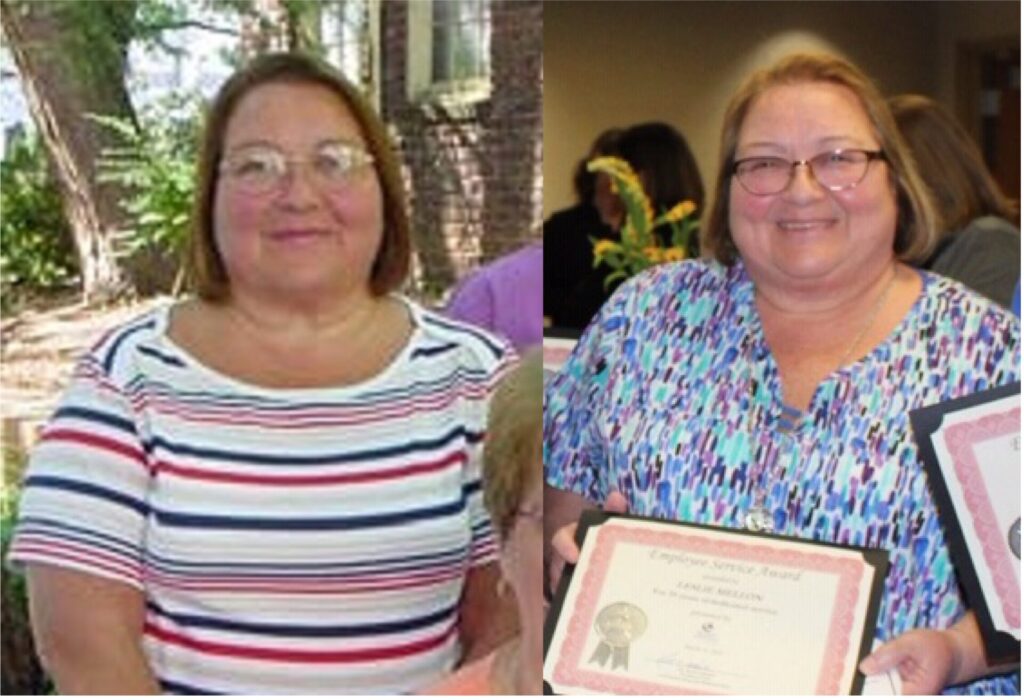 Leslie M flashback fri Two images side by side of Leslie, a woman with glasses and shoulder-length hair. In the left photo, she wears a striped shirt outdoors; in the right, she wears a patterned blouse indoors and holds an award certificate, smiling.
