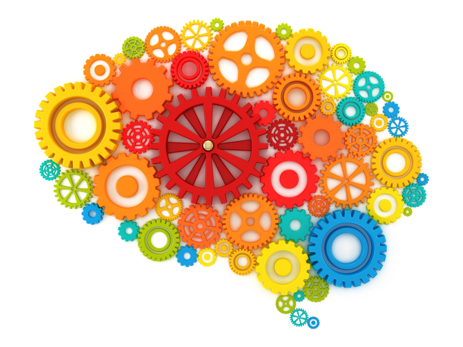 Colorful gears forming a human brain together with one red big central cog.