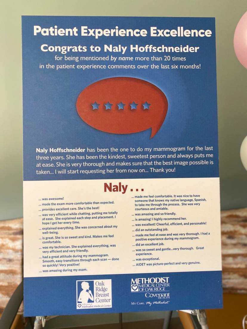 Naly's poster award listed her accomplishments and the verbatim comments recorded during surveys with patients to date in 2020.