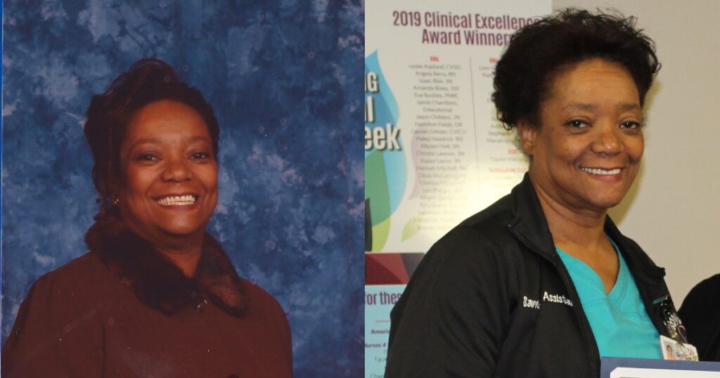 Two side-by-side photos of Sandra smiling: on the left, she wears a brown coat against a blue backdrop; on the right, she's in medical scrubs, holding a certificate with a poster behind her.