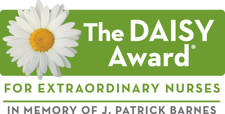 The DAISY Award logo features a white daisy flower and the text The DAISY Award for Extraordinary Nurses in memory of J. Patrick Barnes on a green background.