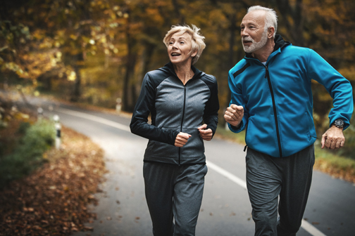 Closeup front view of a senior couple jogging in a forest and having fun. They are running on a winding forest road, laughing and doing their healthy routine. They are looking sideways to the left.