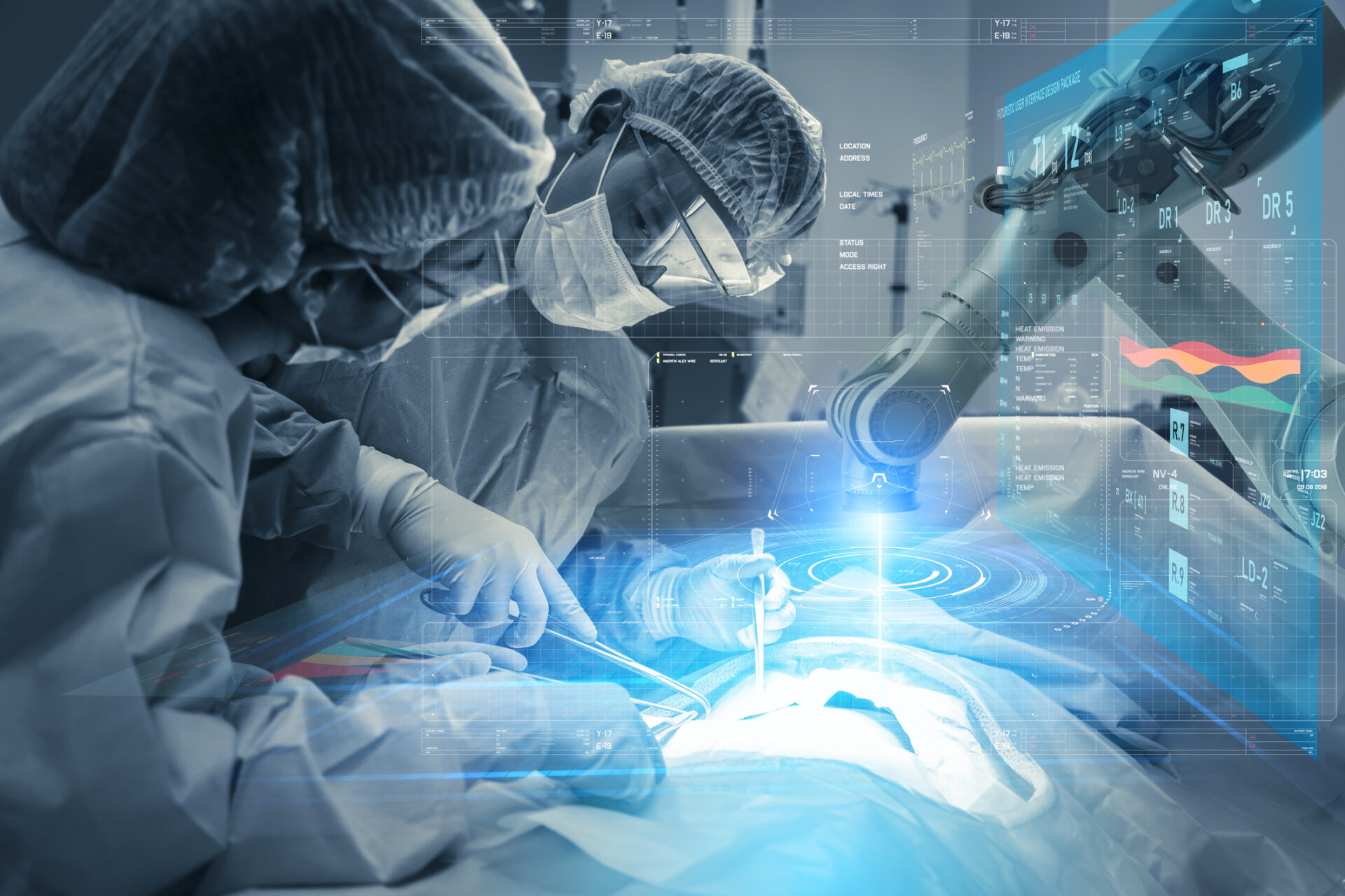 surgeons performing a robotic-assisted surgery