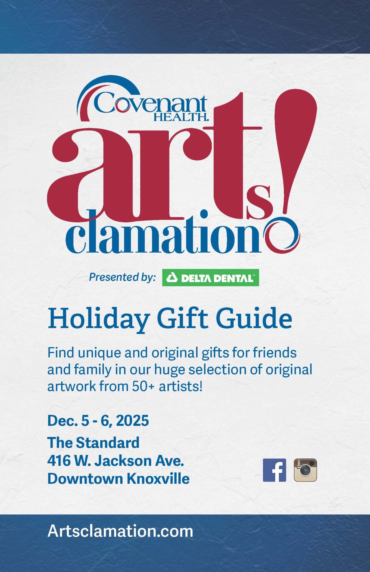 Don’t miss the Artsclamation! Holiday Gift Guide—Dec. 5-6, 2025, at The Standard, 416 W. Jackson Ave., Knoxville. Presented by Delta Dental and featuring original artwork by 50+ artists, it’s the perfect place for unique holiday finds!.