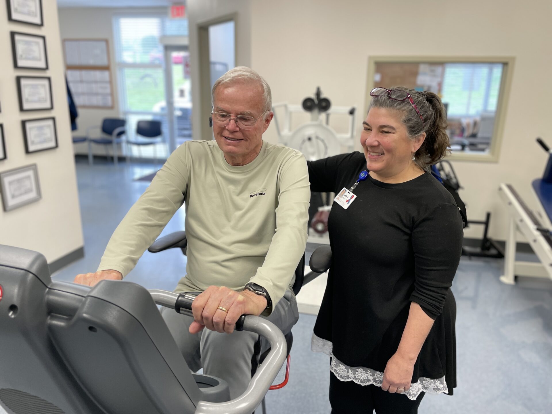 Bart Greenoe completes his physical therapy with his PT, Ann Blackwood.