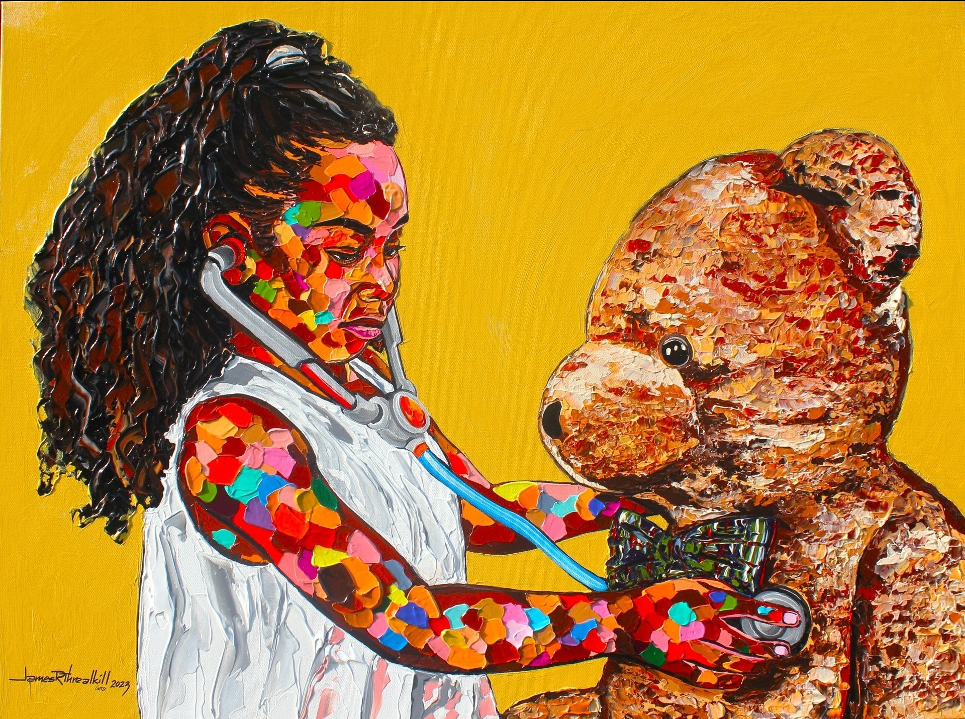 A colorful James Threalkill painting of a young girl using a stethoscope to check a large teddy bear’s heartbeat, set against a bright yellow background. The girl and bear are painted in acrylic with vibrant, multicolored patterns.