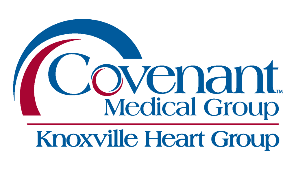 Logo for Covenant Medical Group Knoxville Heart Group, featuring stylized blue and red curved lines above the word Covenant.