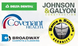A collage of five business logos—Delta Dental, Johnson & Galyon Construction, Covenant Health, Broadway Carpets & Flooring, and Shield & Buckler Security—featured as sponsors of a local sporting clays tournament.