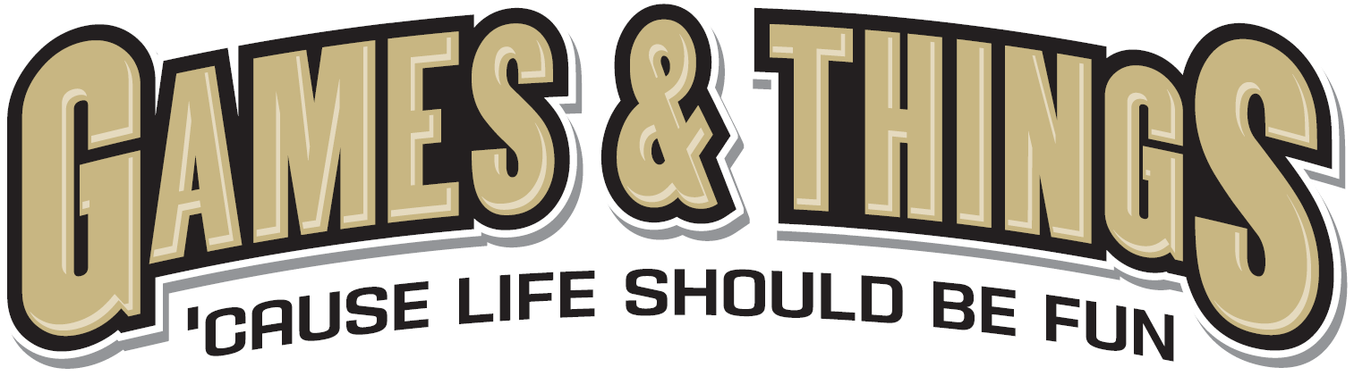 Logo with the text “GAMES & THINGS” in large, bold gold letters with a black and white outline, and “CAUSE LIFE SHOULD BE FUN” below—perfect for your next event to game on against cancer.