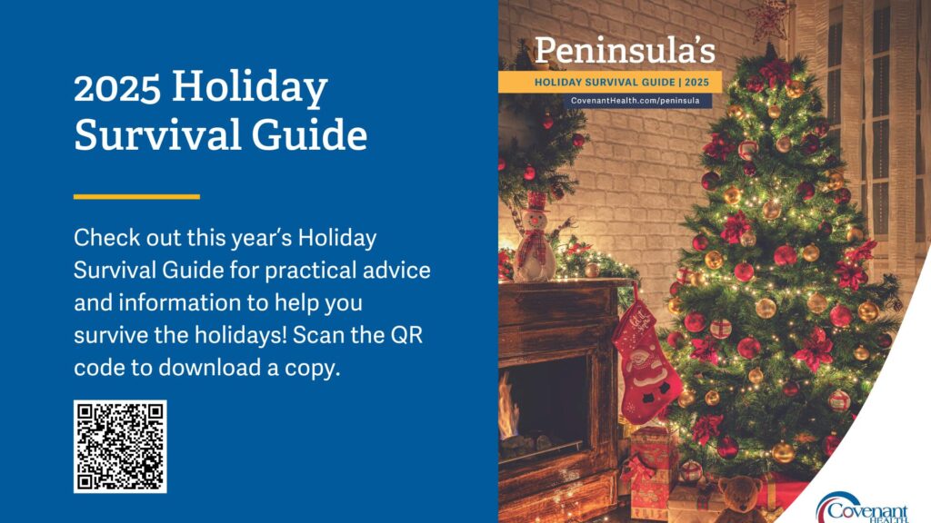 A festive living room with a decorated Christmas tree, red and gold ornaments, presents underneath, and a fireplace. Text promotes the 2025 Holiday Survival Guide—with a QR code to download it—plus weekly employee updates for the season.