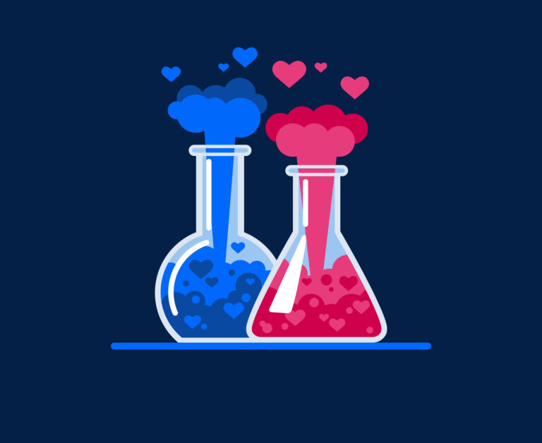 Chemical explosion and flying hearts. Love symbol