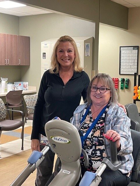 Photo of Amy Garrett, RN, and pulmonary rehab patient Kim Clay