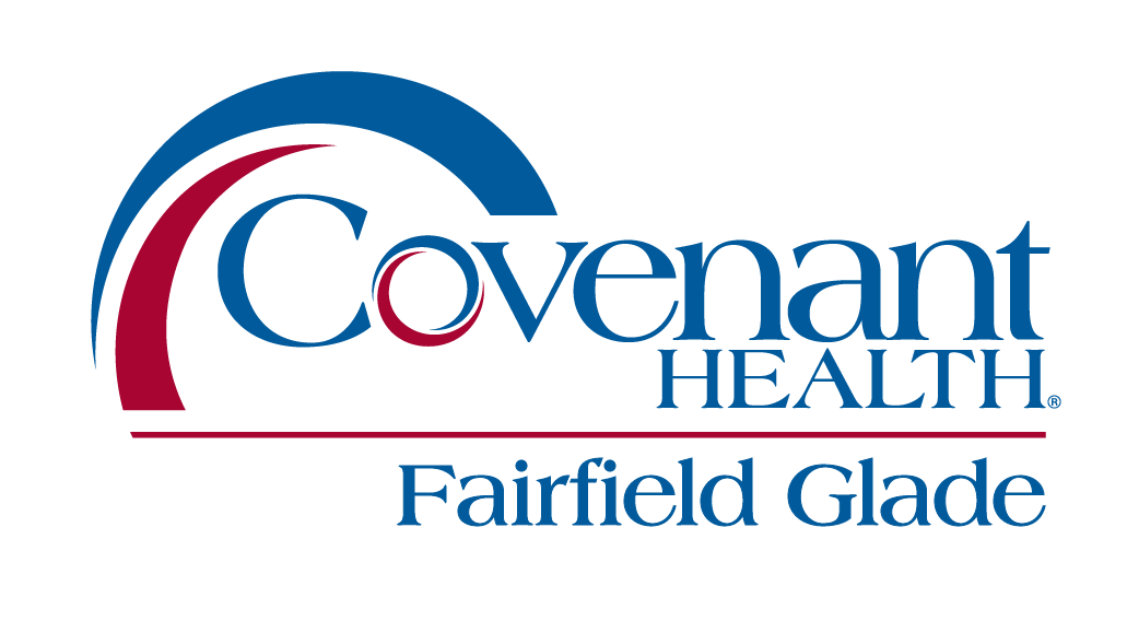 Logo for Covenant Health Fairfield Glade. The design features blue and red curved lines above and around the word Covenant in blue, with HEALTH and Fairfield Glade written below in blue text.