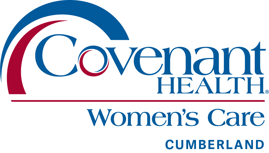 Covenant Health Womens Care Cumberland logo in blue and red text, featuring an abstract curved design above the words, symbolizes the commitment to excellence in Cumberland women&rsquo;s healthcare.