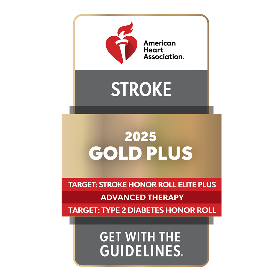 American Heart Association's Get With The Guidelines Stroke Gold Plus with Target: Stroke Honor Roll Elite; Advanced Therapy; Target: Type 2 Diabetes Honor Roll 2025 logo.
