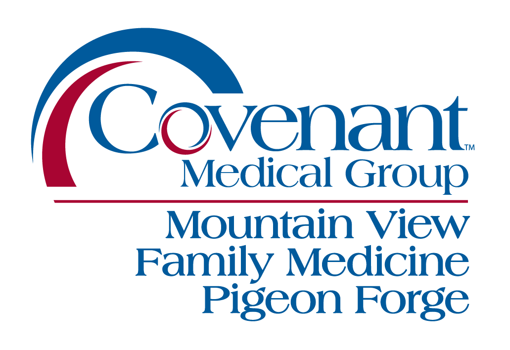 Logo for Covenant Medical Group. Below, it reads Mountain View Family Medicine Pigeon Forge in blue text, highlighting the trusted care at Mountain View Family Medicine Pigeon Forge, with a stylized red and blue curved design on the left.