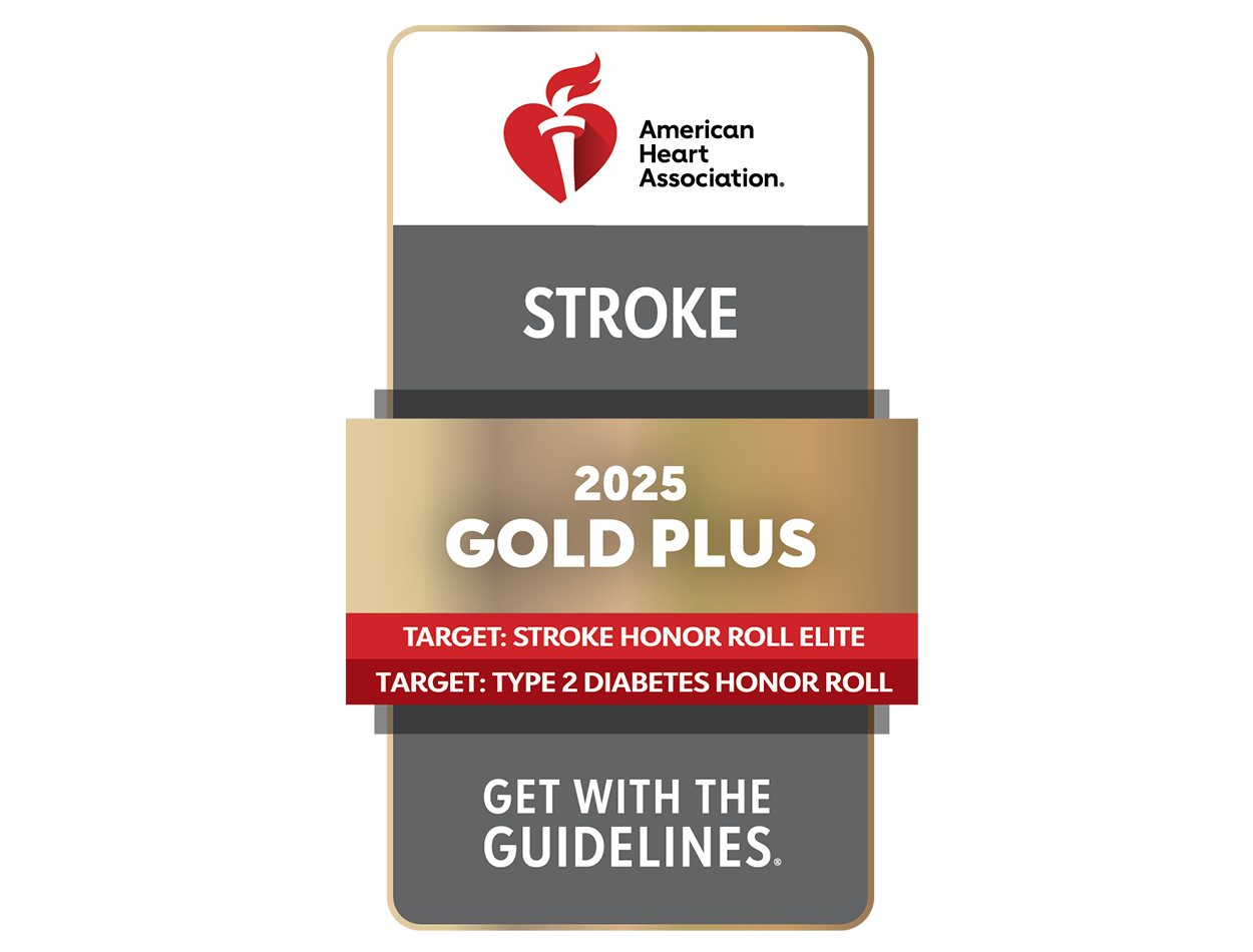 American Heart Association Get With the Guidelines Stroke Gold Plus with Target: Stroke Elite Honor Roll and Target: Type 2 Diabetes logo.
