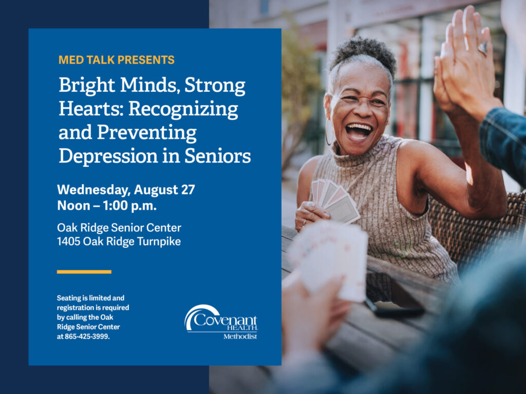 MED Talk flyer featuring smiling woman playing cards and giving a high-five to her card partner.