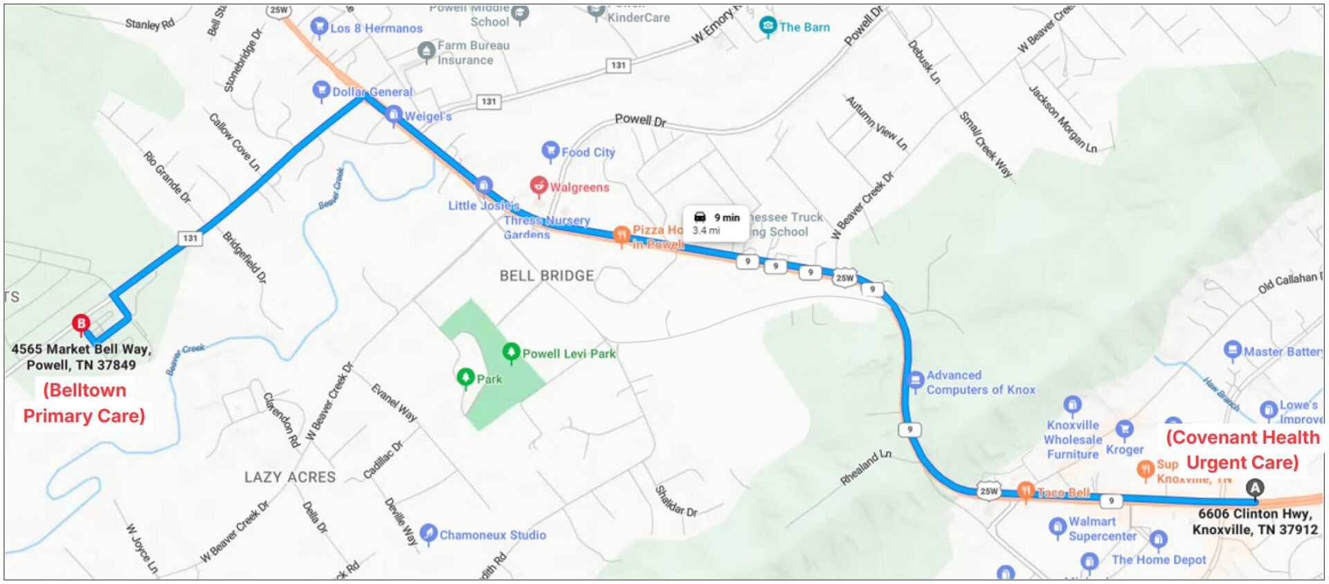 A map showing driving directions from Belltown Primary Care at 4555 Market Place Way, Powell, TN to 7557B Clinton Hwy, Powell, TN (Covenant Health Urgent Care) with highlighted route and key landmarks.