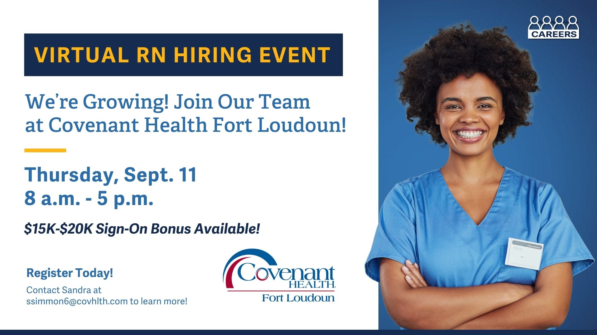 A smiling nurse stands with arms crossed next to text promoting a virtual RN hiring event for Covenant Health Fort Loudoun on Thursday, Sept. 11, 8 a.m.–5 p.m., with a $15K–$20K sign-on bonus and contact details for registration.