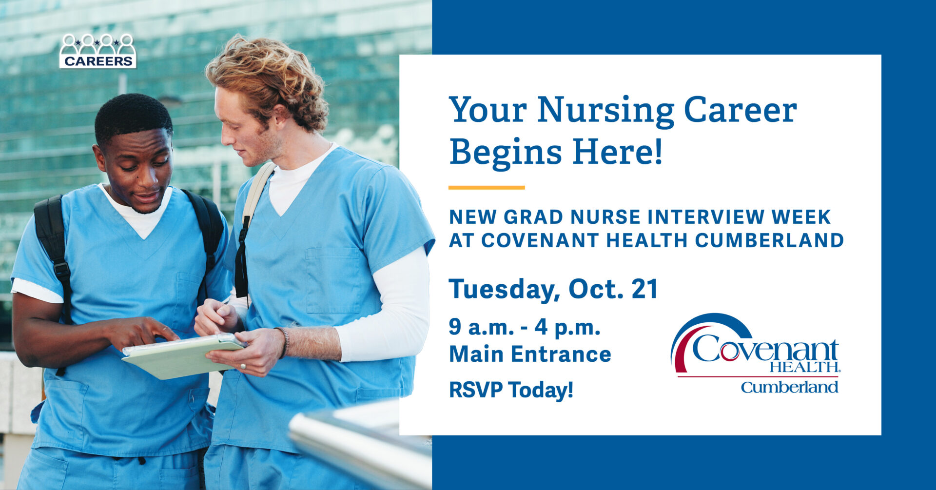 Two nurses in blue scrubs review a clipboard together. A banner advertises a nurse interview event: Your Nursing Career Begins Here! Tuesday, Oct. 21, 9 a.m.–4 p.m., Covenant Health Cumberland. RSVP Today!.