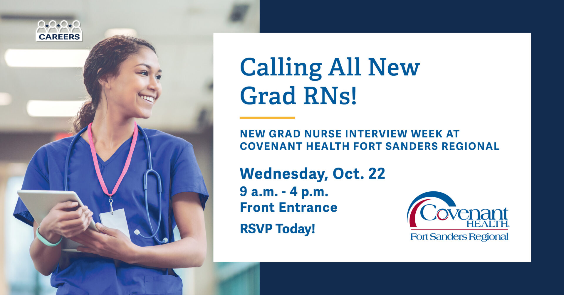 A smiling nurse in blue scrubs holds a clipboard. Text reads: “Calling All New Grad RNs! Interview Week at Covenant Health Fort Sanders Regional, Wed. Oct. 22, 9 a.m.–4 p.m., Front Entrance. RSVP Today!”.