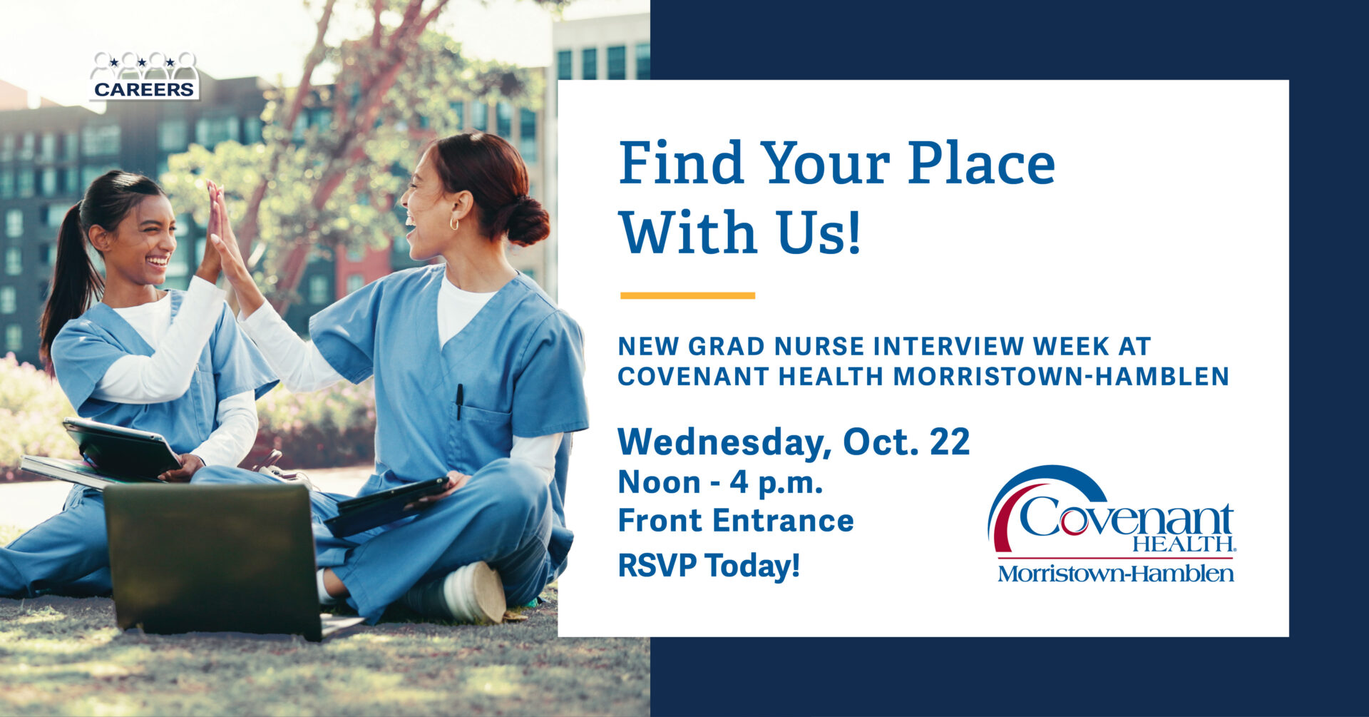 Two nurses in scrubs sit on grass outside, smiling and giving each other a high five. Text invites new grad nurses to interview week at Covenant Health Morristown-Hamblen, October 22, noon–4 p.m., with RSVP info.