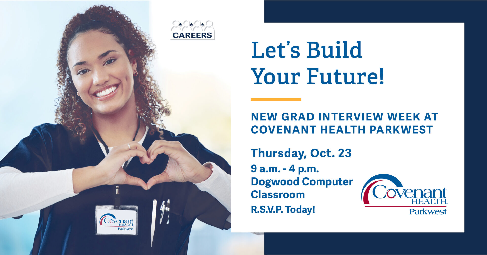 A smiling healthcare worker in scrubs forms a heart shape with her hands. Text promotes a Covenant Health Parkwest new grad interview event on Oct. 23, 9am–4pm, at Dogwood Computer Classroom, with RSVP details.