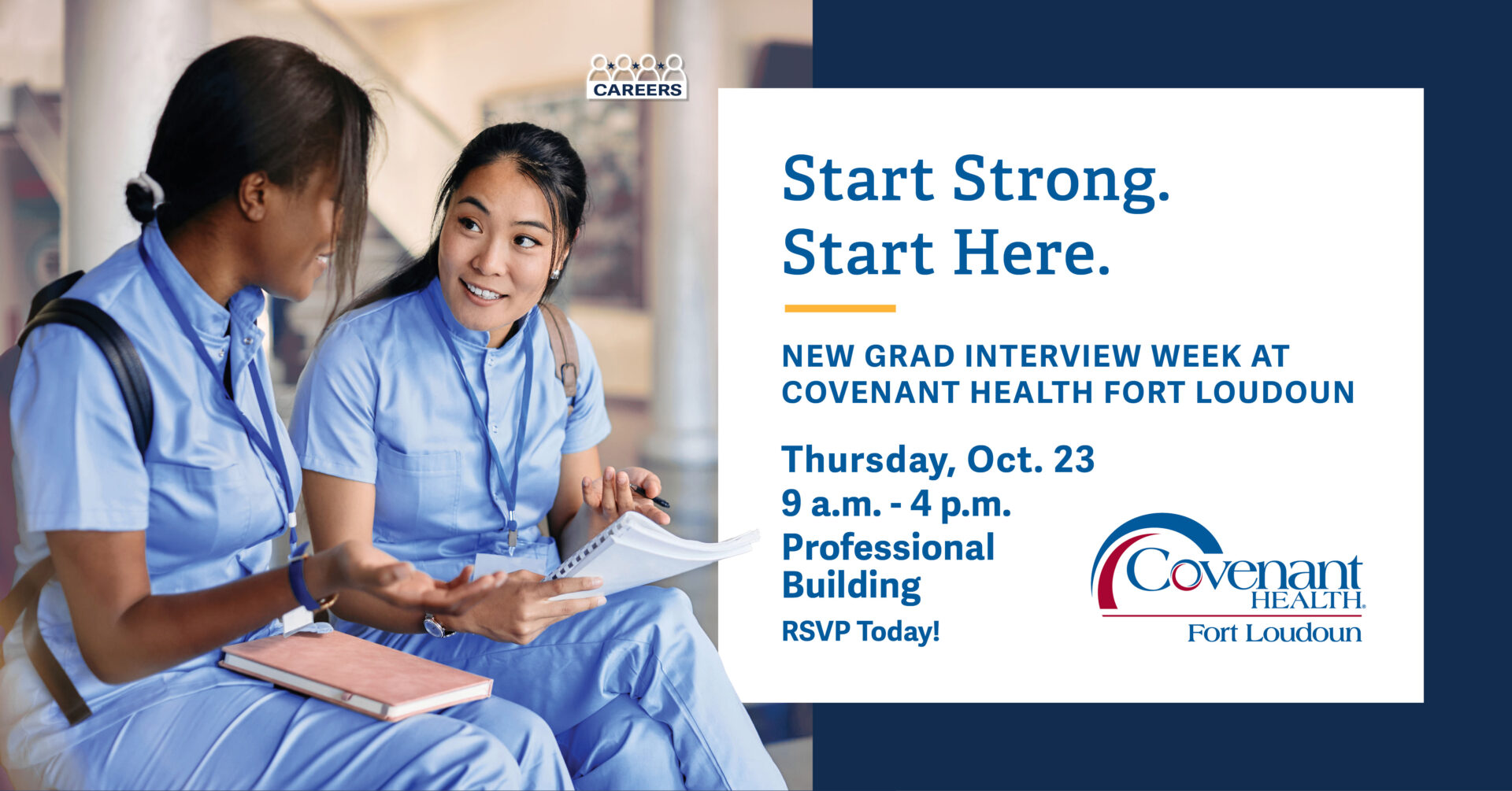 Two young women in blue scrubs talk and smile while sitting with books. Promo text reads: “Start Strong. Start Here. New Grad Interview Week at Covenant Health Fort Loudoun, Thursday, Oct. 23, 9 a.m.–4 p.m., RSVP today!”.