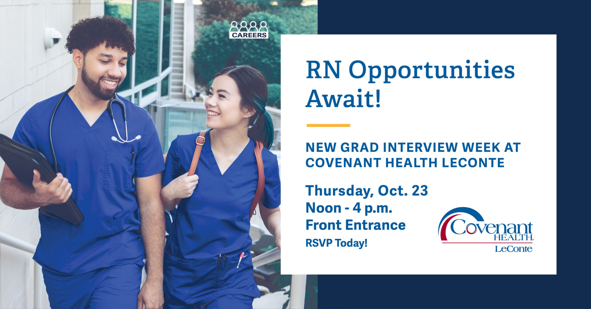 Two smiling nurses in blue scrubs walk together. Text promotes “RN Opportunities Await!” for new grad interview week at Covenant Health LeConte, Thursday, Oct. 23, noon–4 p.m., front entrance. Includes RSVP info and Covenant Health logo.