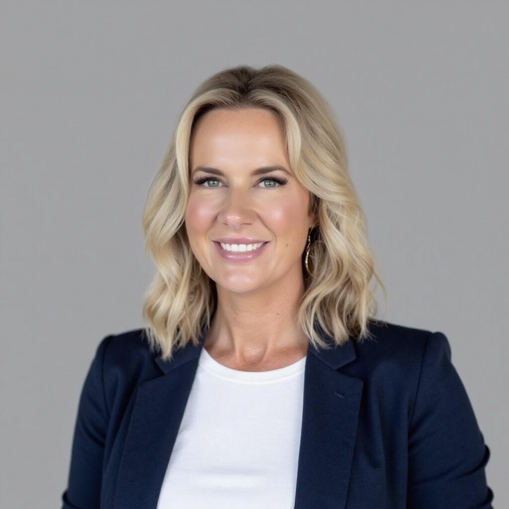 A woman with shoulder-length blonde hair wearing a navy blazer over a white top smiles in front of a plain gray background, reflecting the professionalism often seen in nursing jobs at Covenant Health.