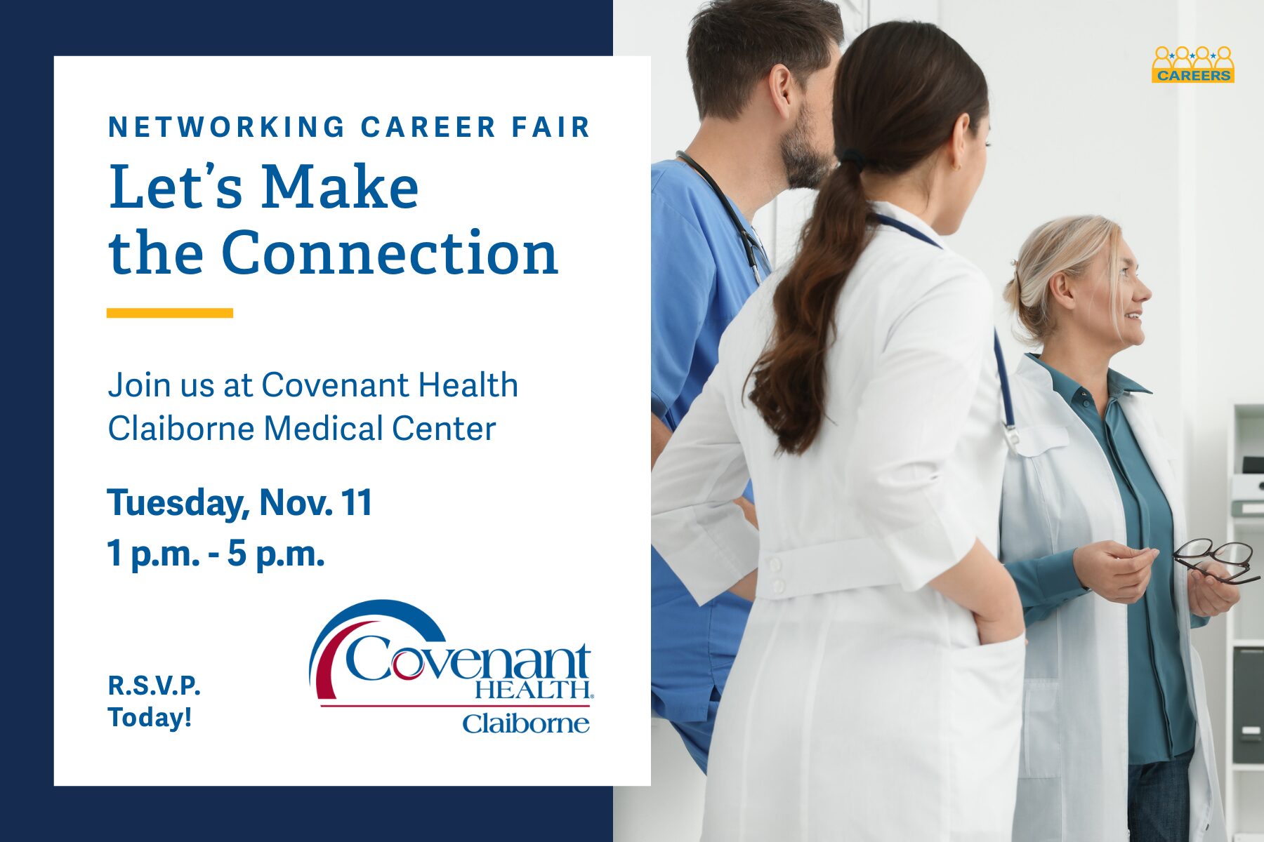 A flyer for a networking career fair at Covenant Health Claiborne Medical Center, showing healthcare professionals talking. Event is on Tuesday, Nov. 11, 1–5 p.m. RSVP information and Covenant Health logo included.