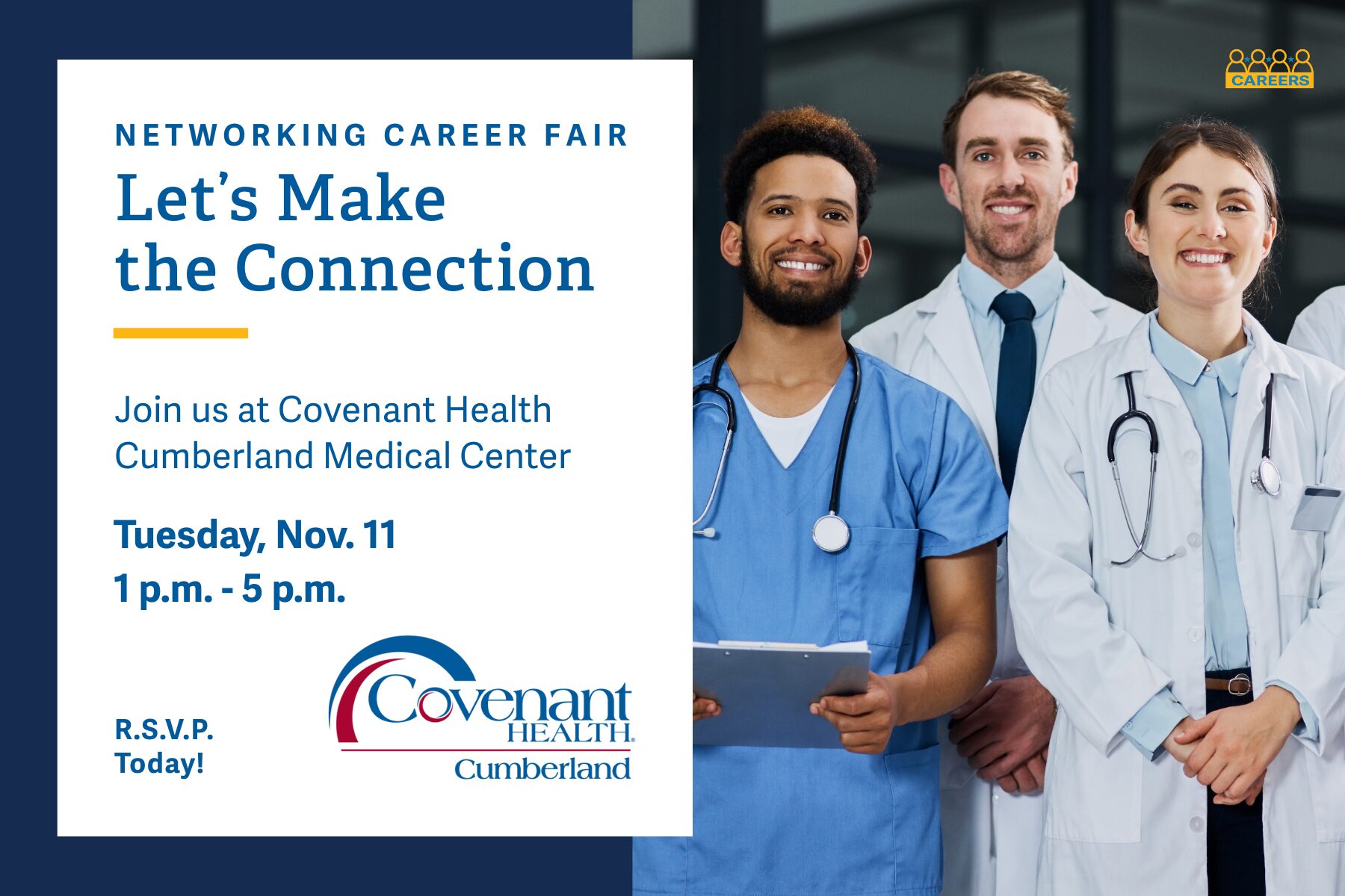A diverse group of smiling healthcare professionals in lab coats stand together. Text promotes a networking career fair at Covenant Health Cumberland Medical Center on Nov. 11 from 1–5 p.m., encouraging RSVPs.